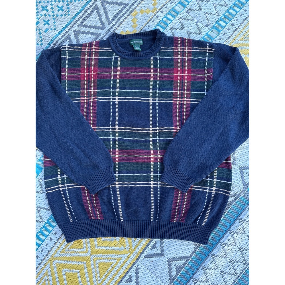 Dockers Recode Mens XL Navy Blue Plaid Cotton Crewneck Pullover Sweater